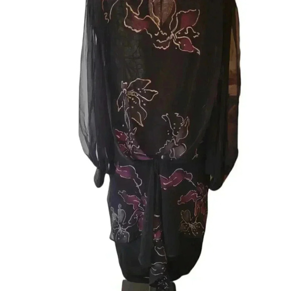 Vintage,Evening Cocktail Dress Black Patterned Chiffon Panels over Black - Picture 4 of 15